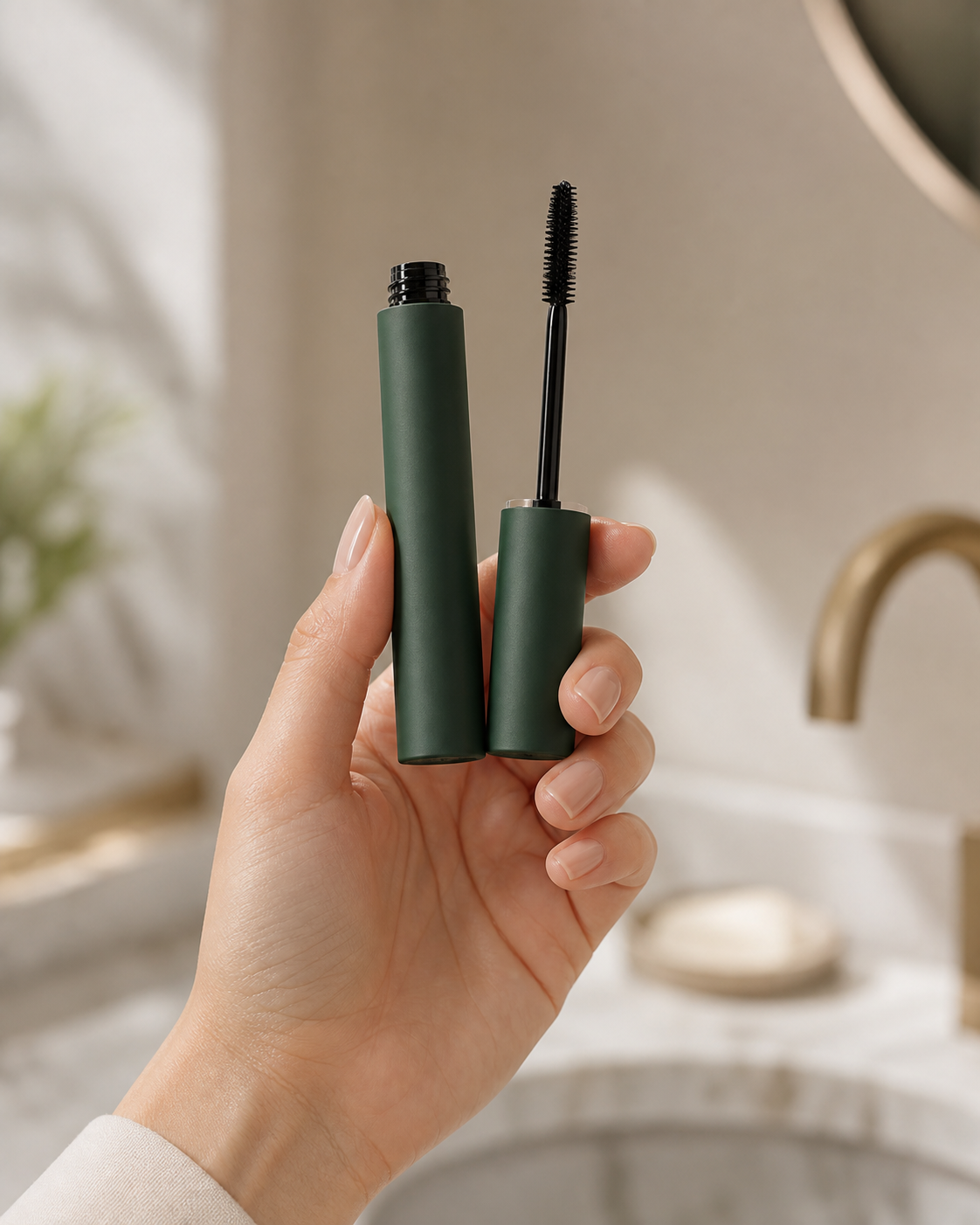 Unbranded mascara reference image held in a hand